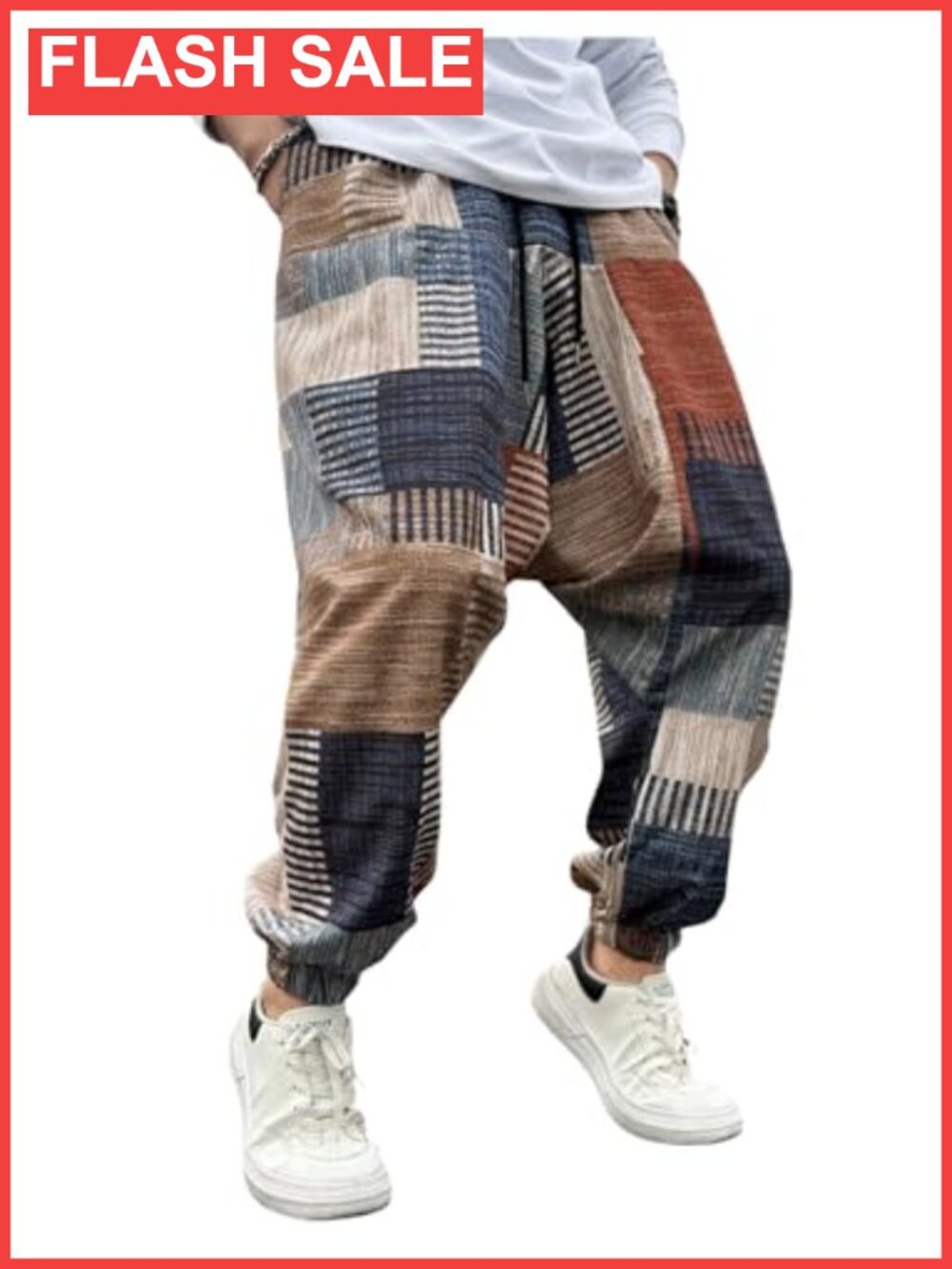 Men's Hippie Harem Pants Baggy Boho Patchwork Drawstring Wide Leg